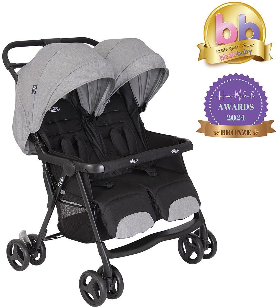 Graco Duorider Double Pushchair in Steeple Gray, dual seats, black frame, four wheels, adjustable canopies.
