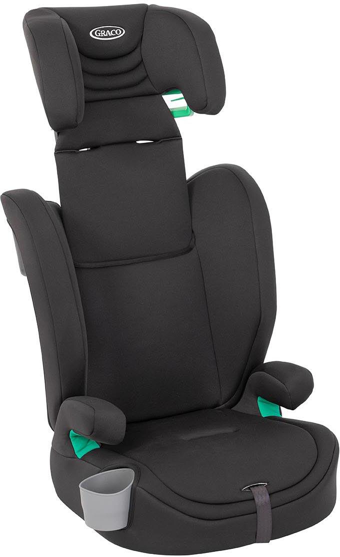 Black Graco Eldura R129 2-in-1 Harness Booster Car Seat with padded headrest, armrests, and cup holder.