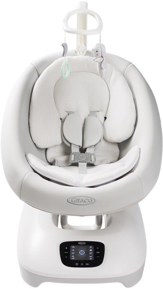 Graco Eluma Sway Baby Swing in white with plush seat, adjustable harness, and digital control panel.