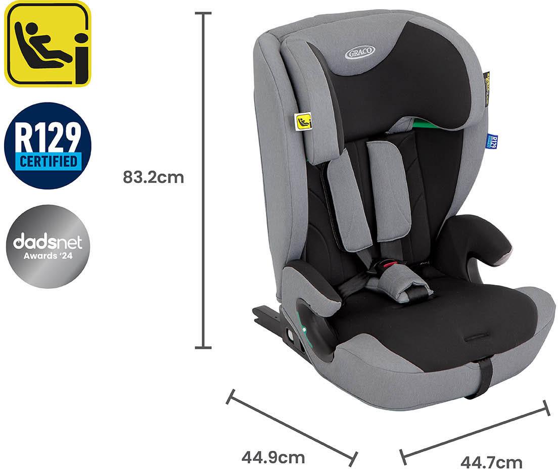 Gray and black Graco Energi i-Size R129 booster seat with harness, side padding, and safety certification label.