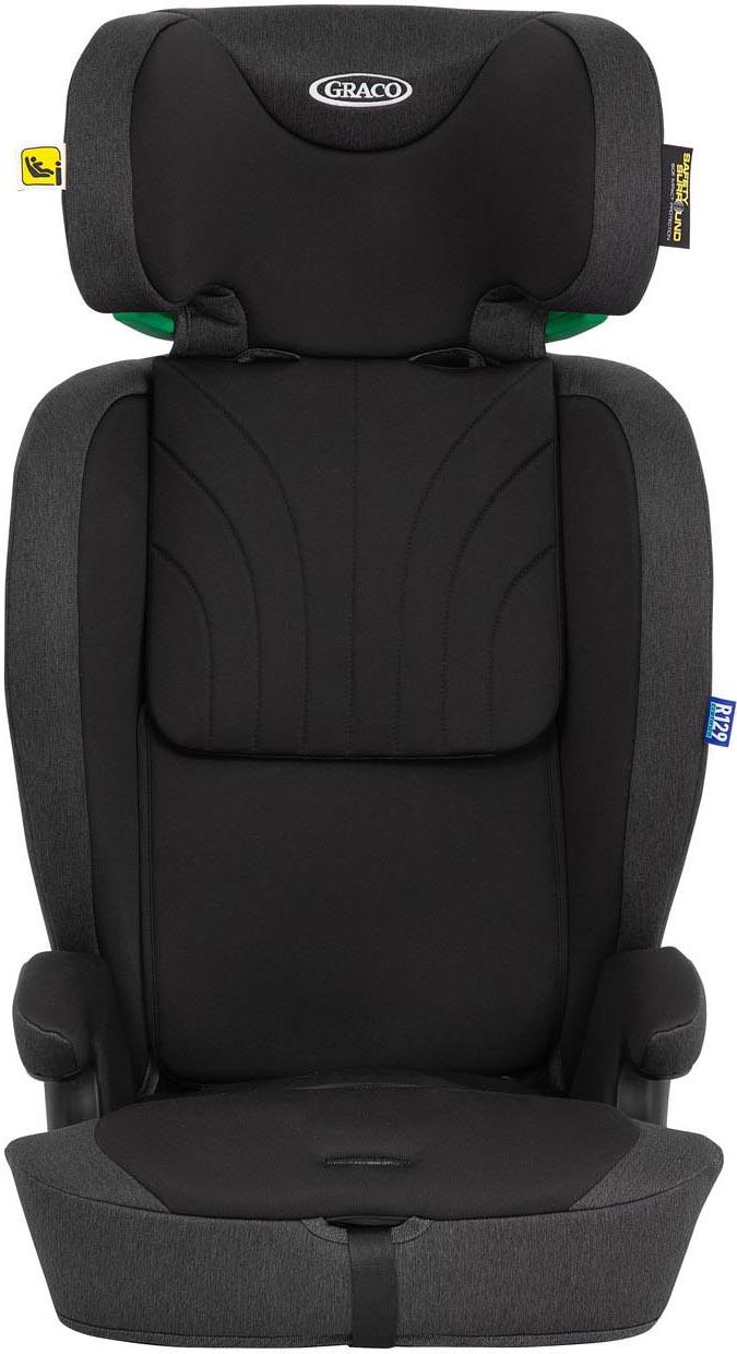 Black Graco Energi i-Size booster seat with padded headrest and adjustable harness, sleek midnight fabric design.