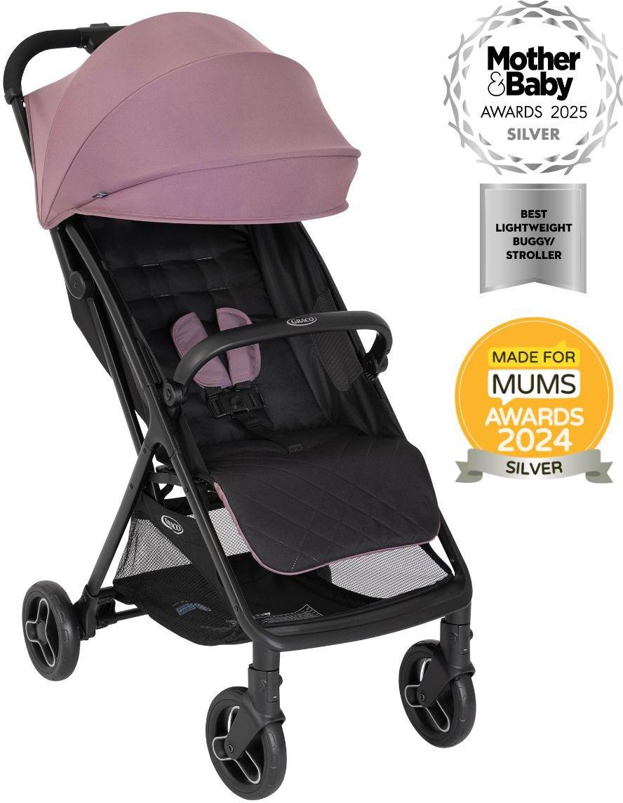 Graco Myavo Travel Stroller in Mulberry, lightweight design with black frame, padded seat, and four wheels.