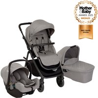 Gray Graco stroller set with detachable car seat and bassinet, black frame, and padded seats.
