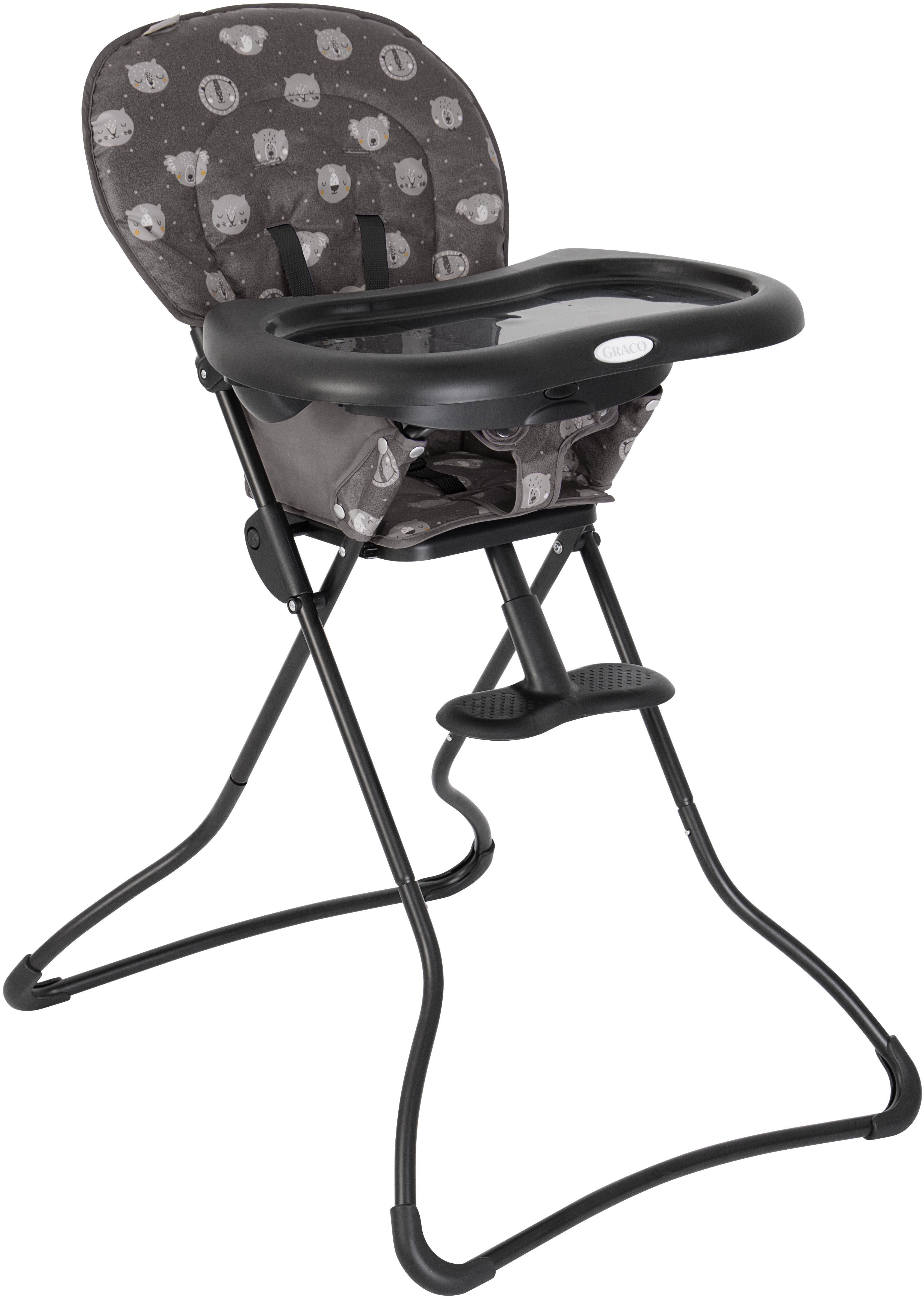 Graco Snack N' Stow Highchair with gray fabric featuring sleepy animal faces, black tray, and foldable metal frame.