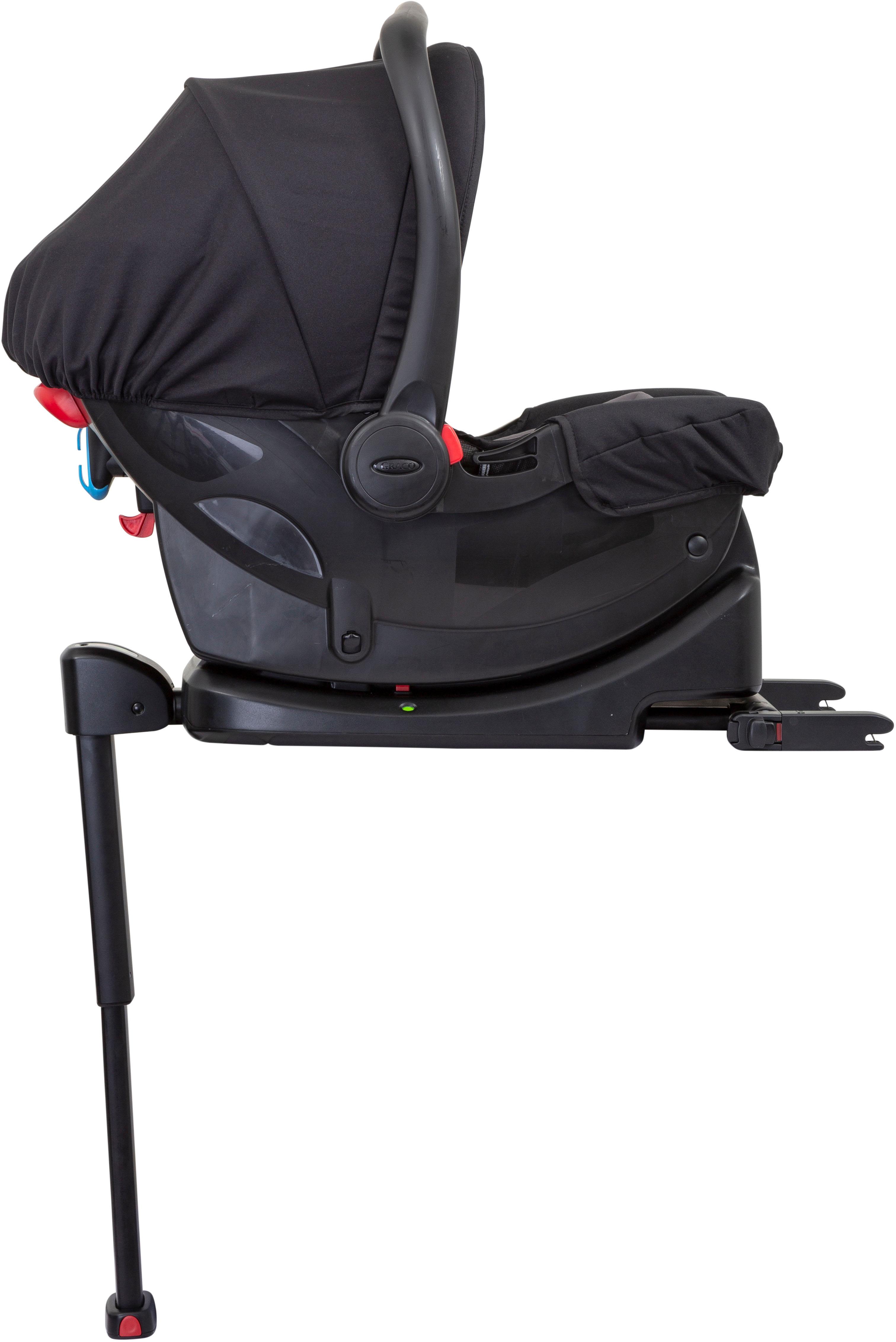 Black Graco infant car seat with curved handle, padded interior, and adjustable base in sleek midnight black.