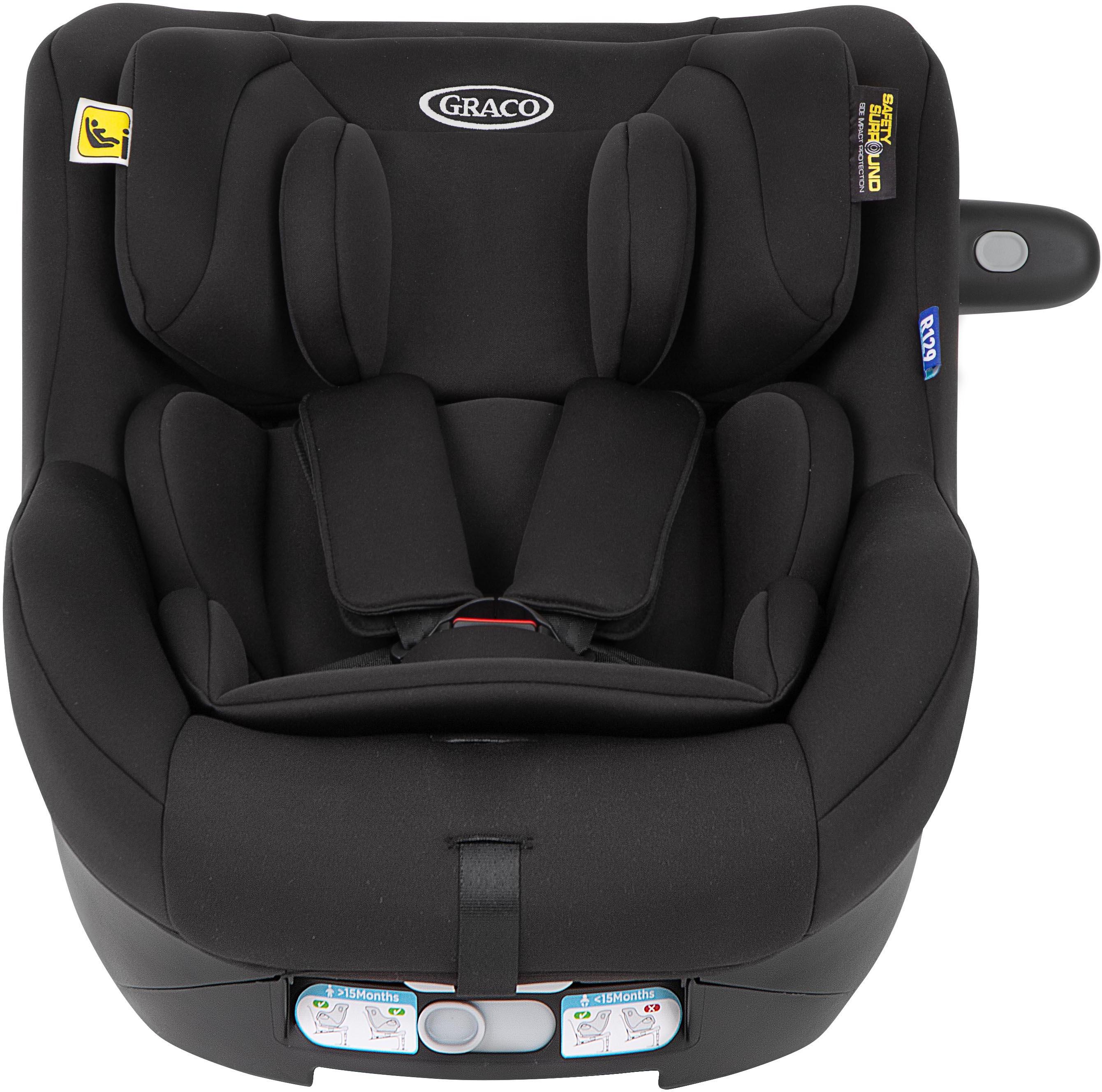 Graco SnugGo i-Size R129 car seat in midnight black with padded headrest, harness, and side impact protection.