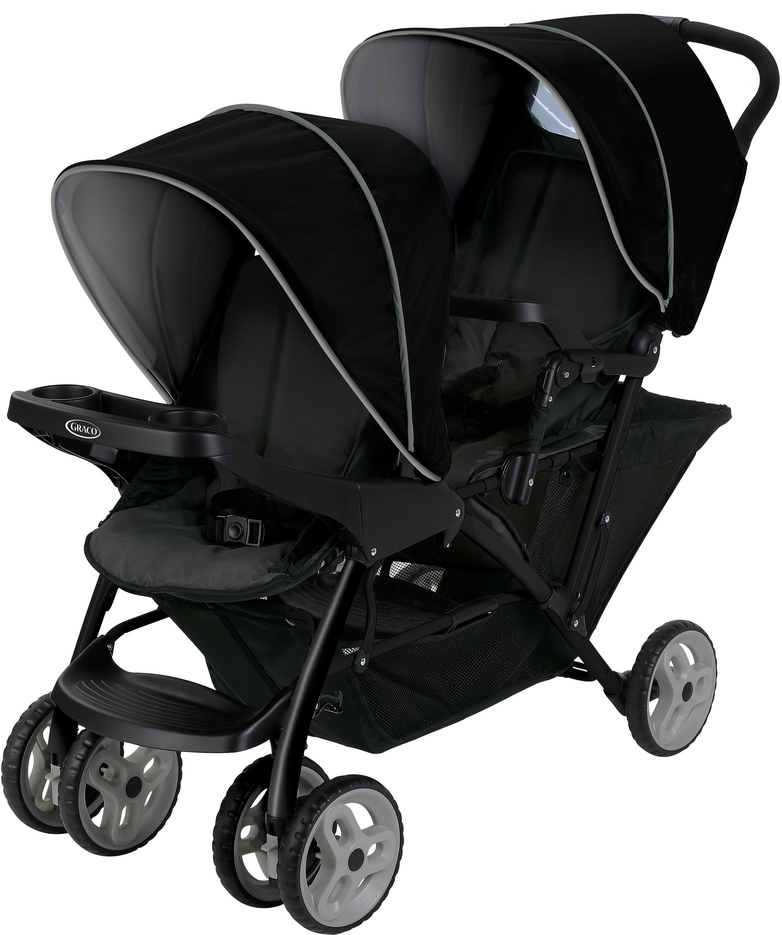 Graco Stadium Duo Tandem Pushchair in black and grey, featuring two seats, dual canopies, and a sturdy frame with four wheels.