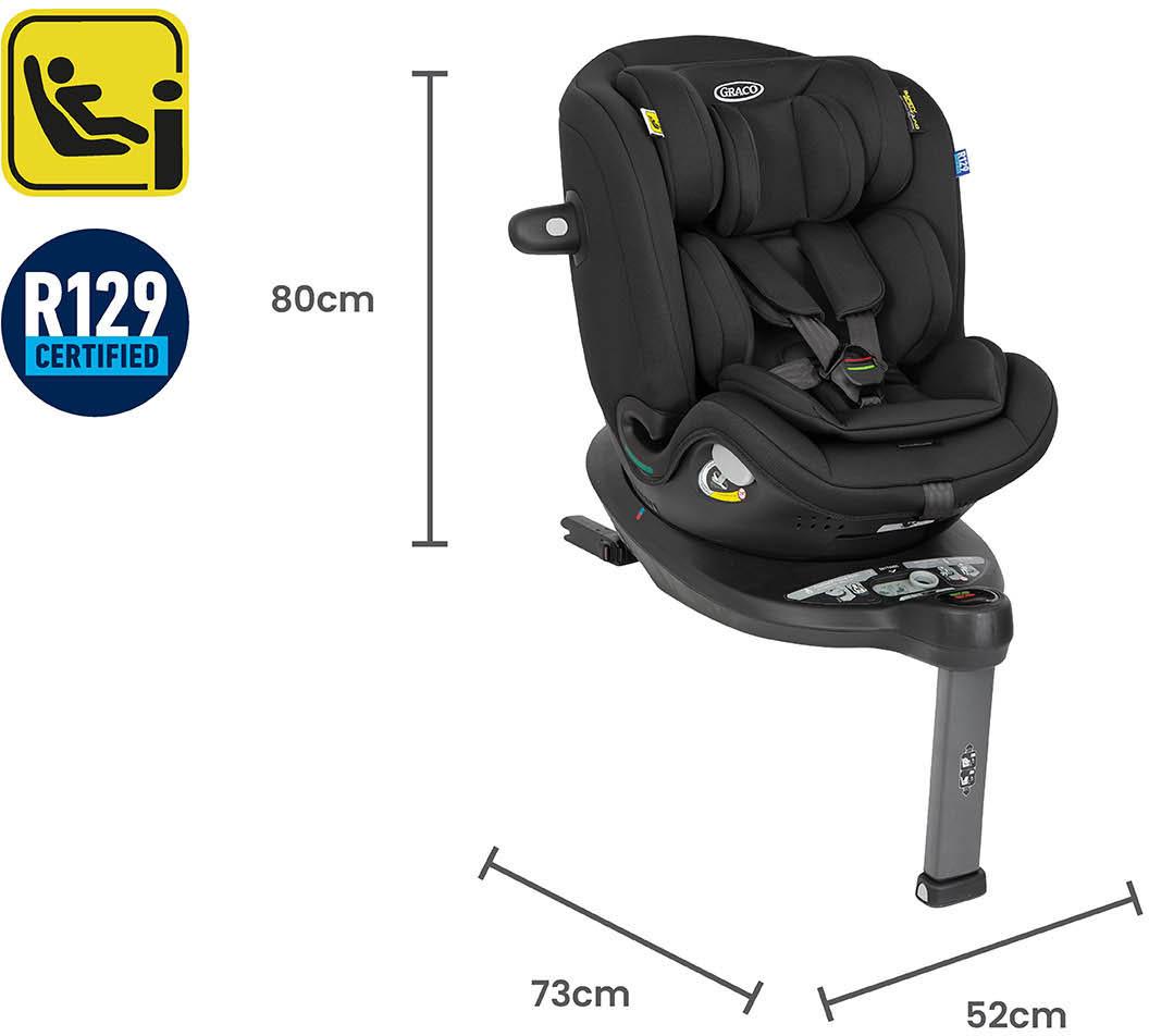 Black Graco Turn2Me Grow i-Size R129 rotating ISOFIX car seat with padded headrest and adjustable base.