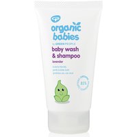 White tube of Green People Baby Wash & Shampoo, lavender scent, with green leaf design, 150ml.