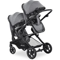 Grey Hauck Atlantic Twin Pushchair with two seats, adjustable canopies, and black frame on four wheels.