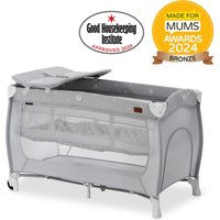 Grey Hauck Sleep N Play Center with star pattern, changing table, and mesh sides, awarded Good Housekeeping 2022.