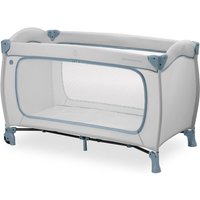 Dusty blue Hauck Sleep N Play Go Plus travel cot with mesh sides and padded edges.