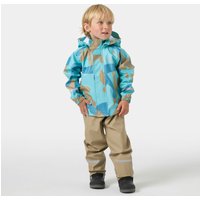 Helly Hansen kids' rain set with blue patterned jacket and beige pants, featuring a hood and elastic cuffs.