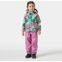 Kids' pink rain set with floral patterned jacket, hood, and matching pants, featuring elastic cuffs and reflective details.