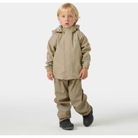Beige Helly Hansen kids' rainset with hooded jacket and elastic waist pants, designed for wet weather protection.