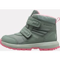 Green Helly Hansen kids waterproof boots with pink soles, dual Velcro straps, and padded ankle support.