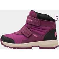 Purple Helly Hansen kids waterproof boots with Velcro straps, black accents, and rugged sole.