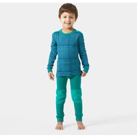 Green Helly Hansen kids' base layer set with graphic design, long sleeves, and matching pants in LIFA® Merino wool.