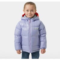 Purple Helly Hansen kids' down jacket with hood, red lining, and front zipper.