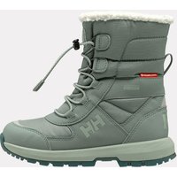 Green Helly Hansen kid's waterproof boots with lace-up front, fleece lining, and rugged sole, size 10.
