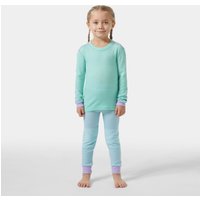 Green Helly Hansen kids' LIFA® Merino wool base layer set with long sleeves and contrasting purple cuffs.