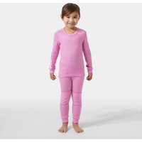 Pink Helly Hansen Kids' LIFA® Merino Wool Base Layer Set with long sleeves and matching pants.
