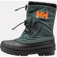 Green Helly Hansen kid's insulated boots with black rubber sole, orange logo, and fleece lining.