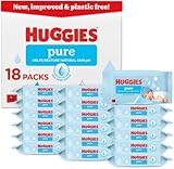 Huggies Pure baby wipes pack of 18, blue packaging, 99% water, hypoallergenic, plastic-free, gentle on skin.