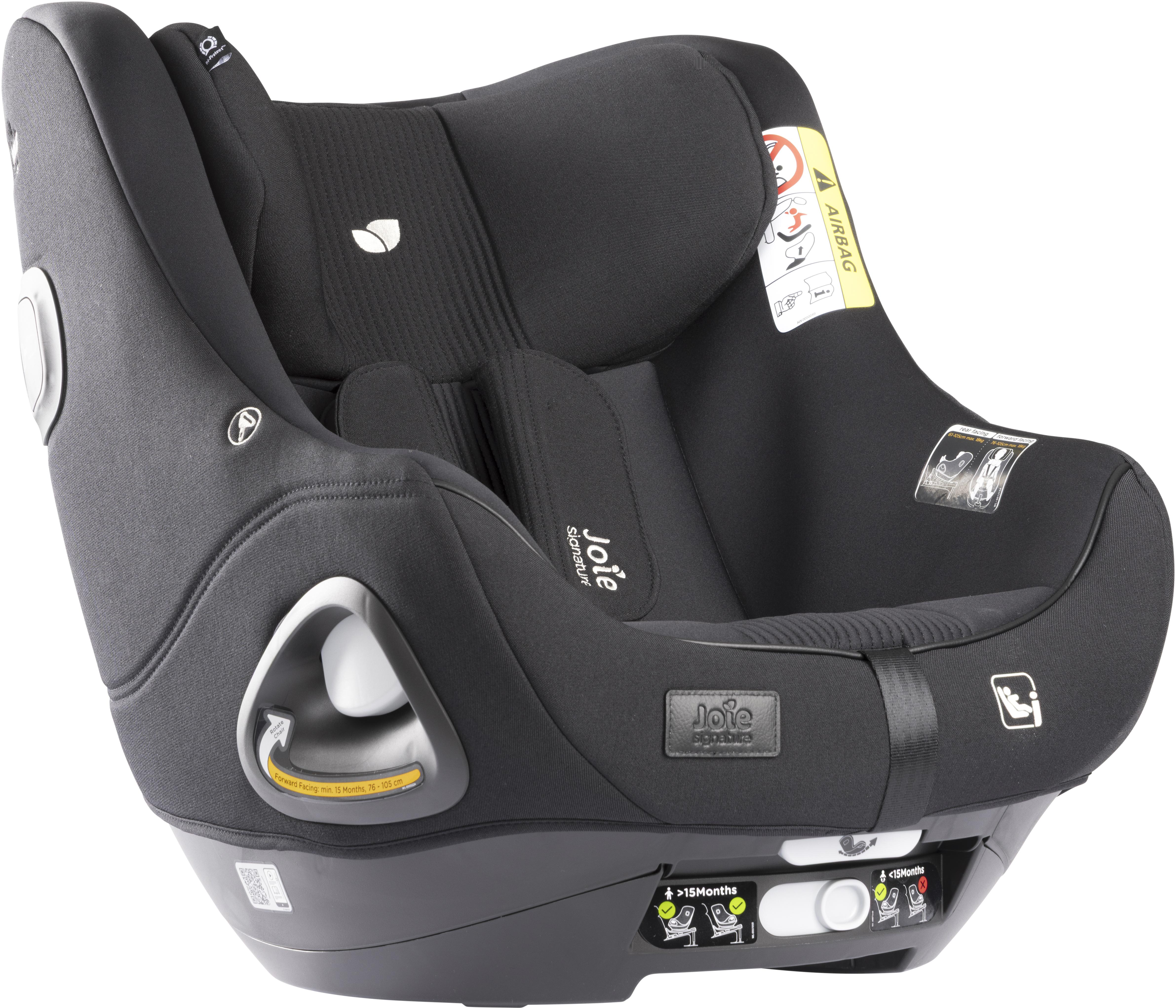 Black i-Harbour E Joie Signature Car Seat with padded headrest, safety labels, and adjustable recline feature.