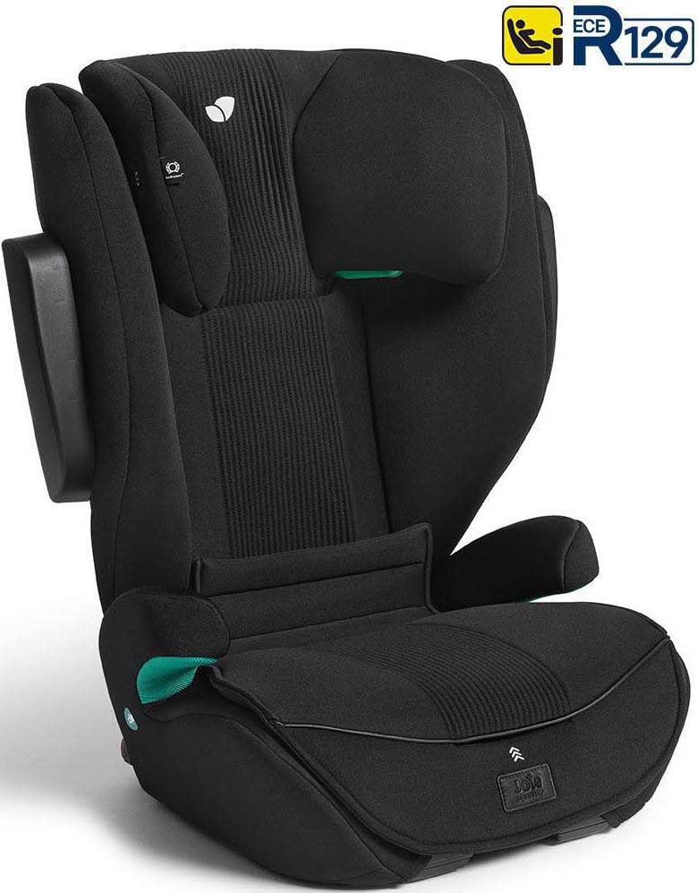 Black i-Traver Joie Signature car seat with padded headrest, side impact protection, and green accents.