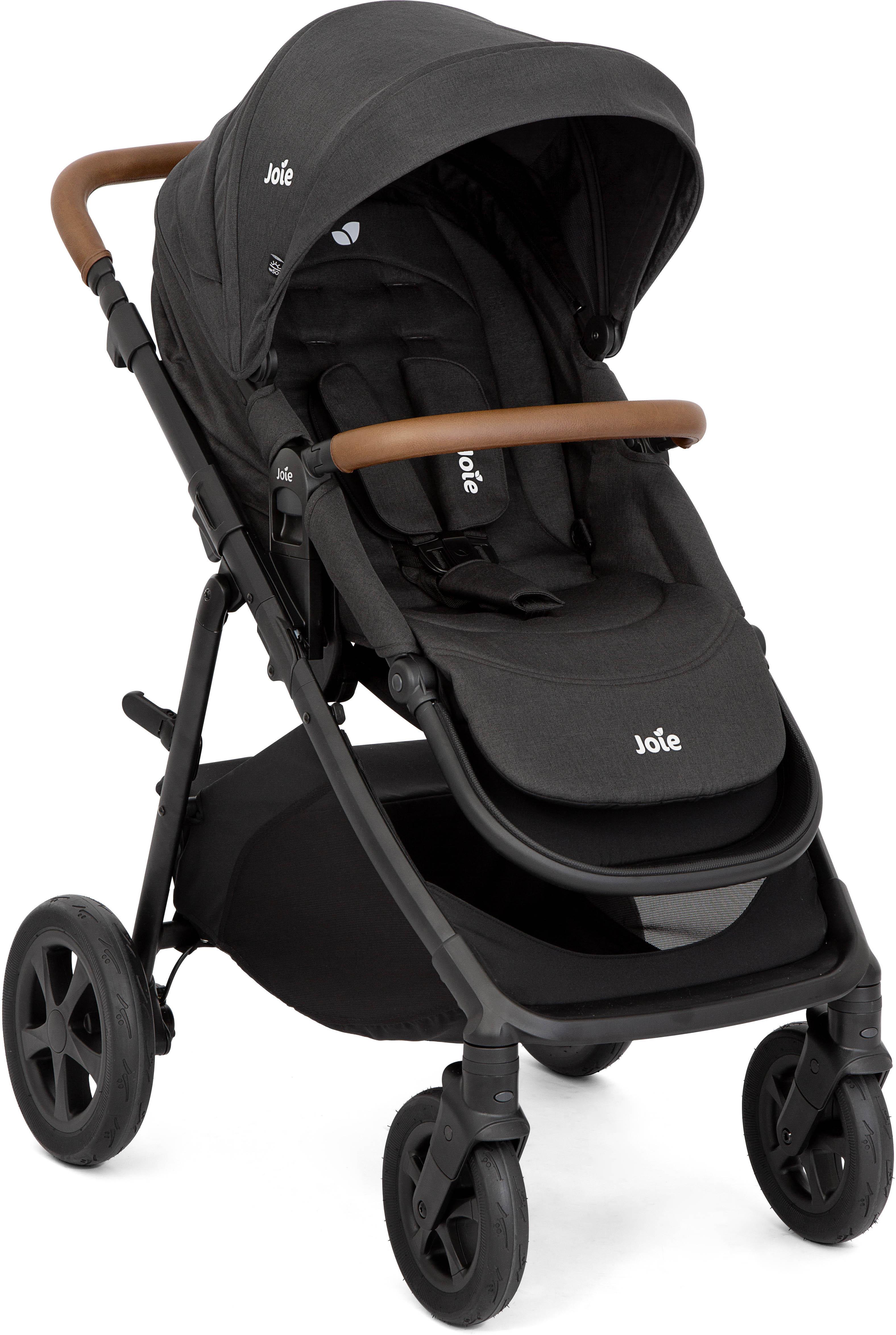 Dark gray Joie Alore 2in1 stroller with brown handle, adjustable canopy, and black wheels.