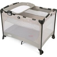 Speckled beige Joie travel cot with changing table, mesh sides, and black corner accents.