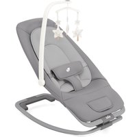 Gray Joie Dreamer Bouncer with padded seat, adjustable recline, toy bar with hanging stars, and sturdy base.