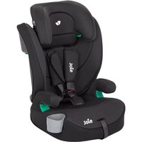 Black Joie Elevate R129 car seat with padded headrest, harness, and cup holder on the side.