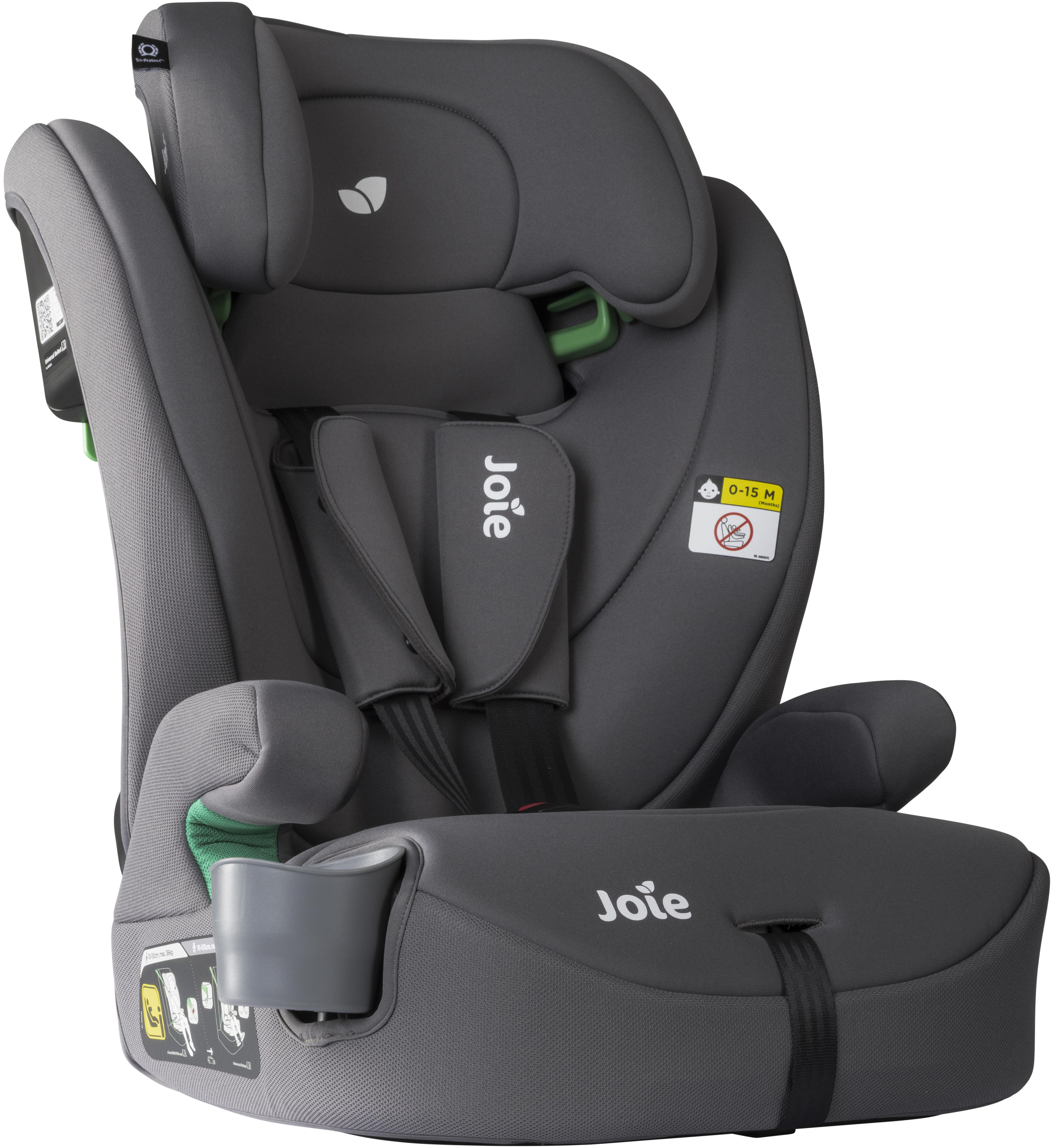 Gray Joie Elevate R129 car seat with padded headrest, harness, and side impact protection in Thunder color.