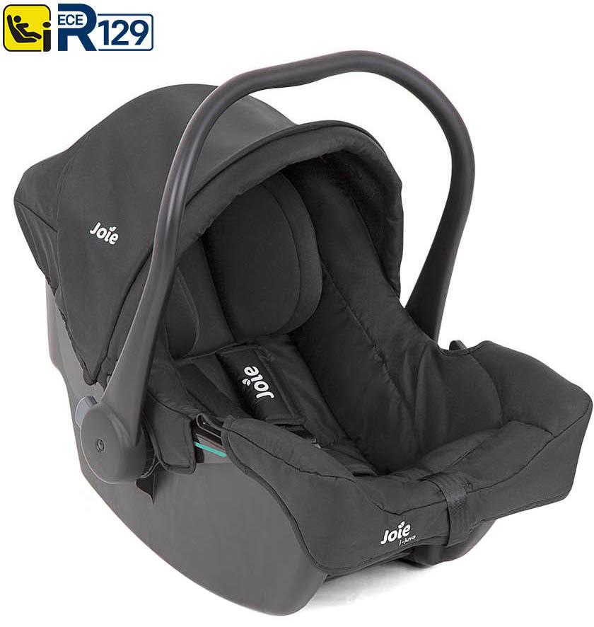 Black Joie i-Juva Group 0+ car seat with padded interior, adjustable handle, and safety harness.