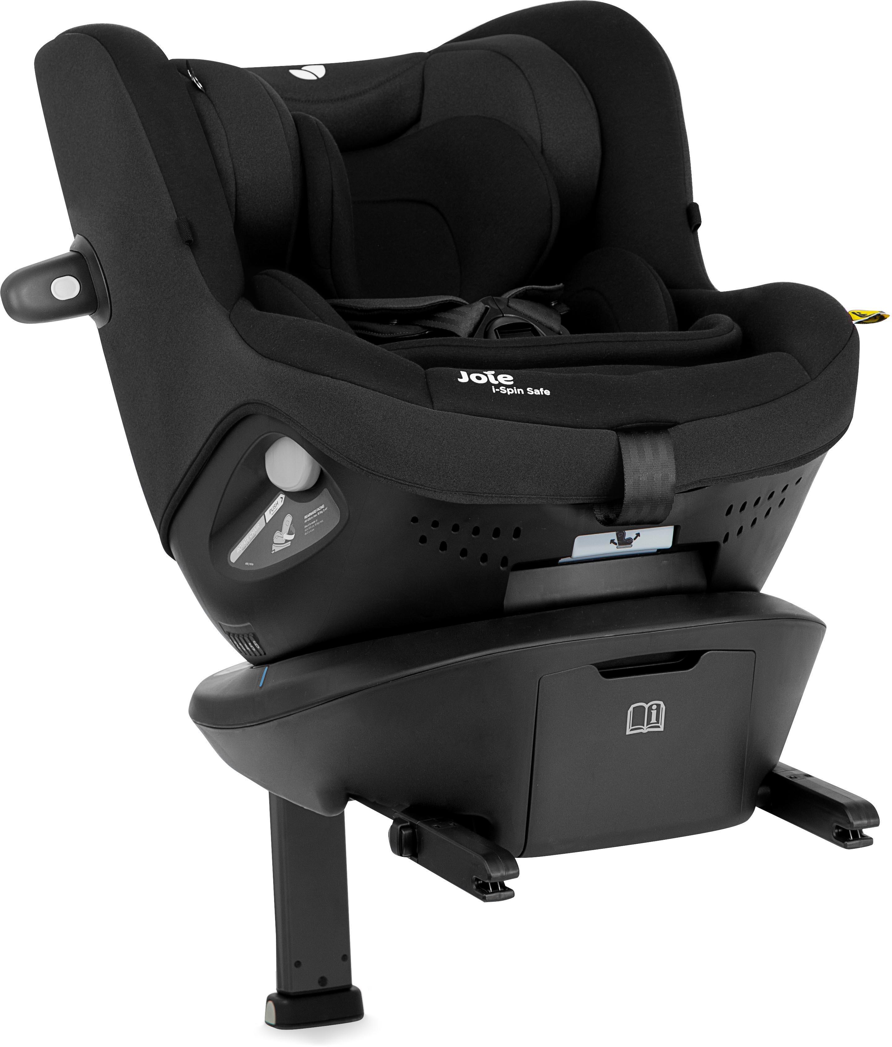 Black Joie i-Spin Safe car seat with adjustable headrest, side impact protection, and rotating base.