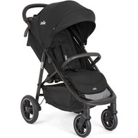 Black Joie Litetrax Pro stroller with canopy, padded seat, and four wheels, featuring a sleek, modern design.