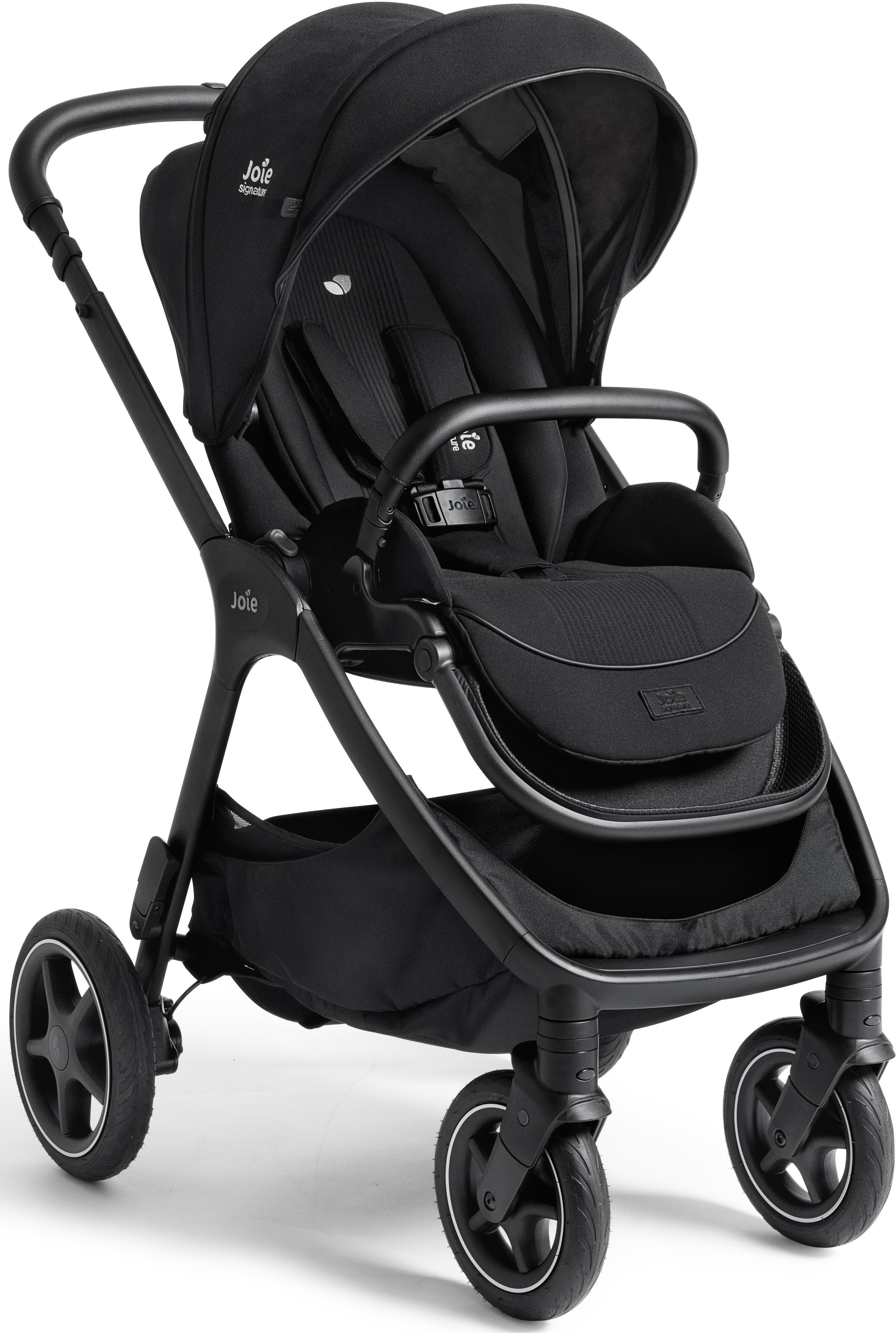 Black Joie Signature Finiti Flex 2n1 pram with adjustable canopy, padded seat, and swivel front wheels.