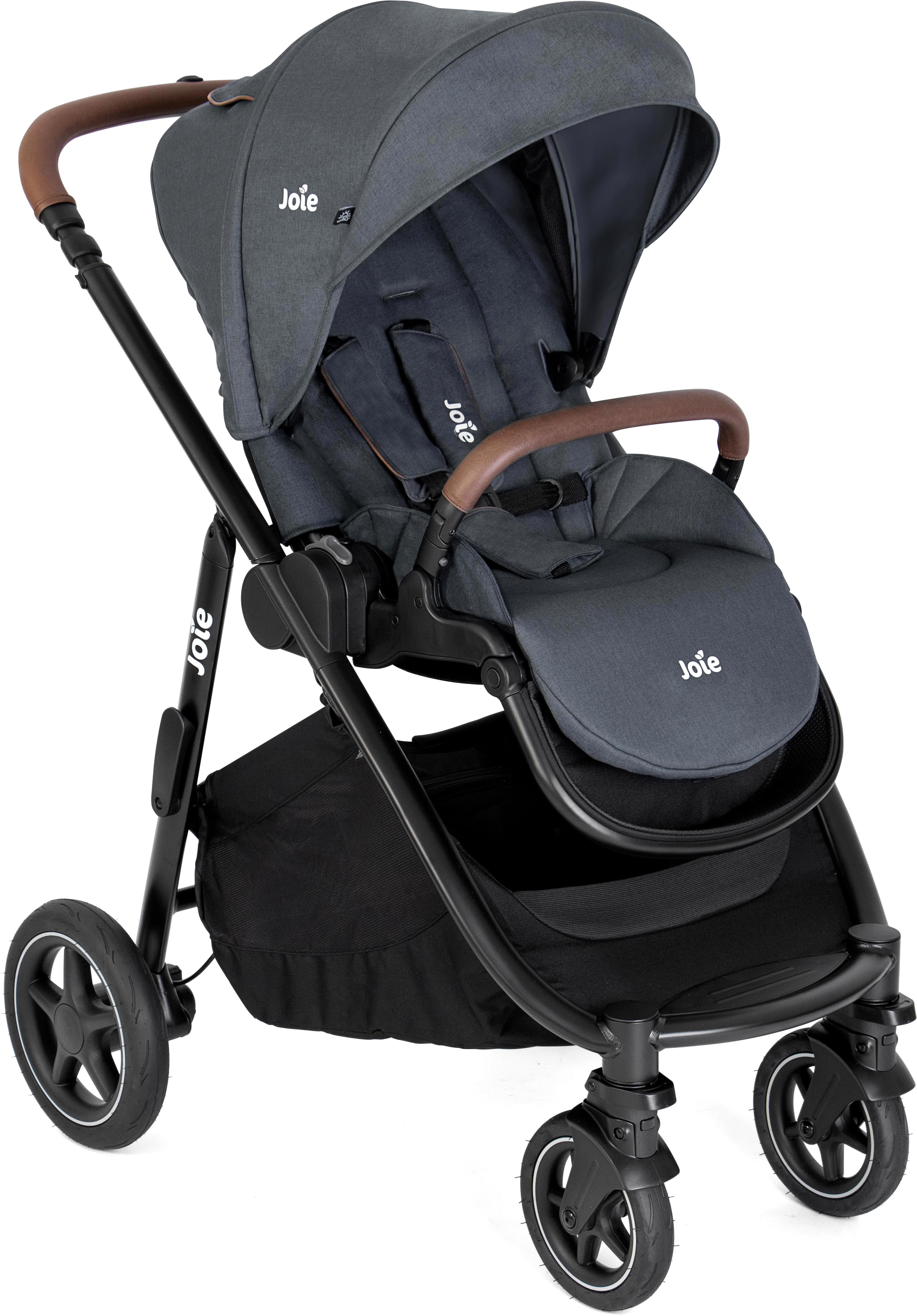 Joie Versatrax Pushchair in Moonlight, dark grey fabric, brown leatherette handle, black frame, large wheels.