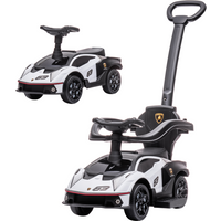 White Lamborghini toddler push car with black steering wheel, seat, and handle, featuring sporty design and logo.