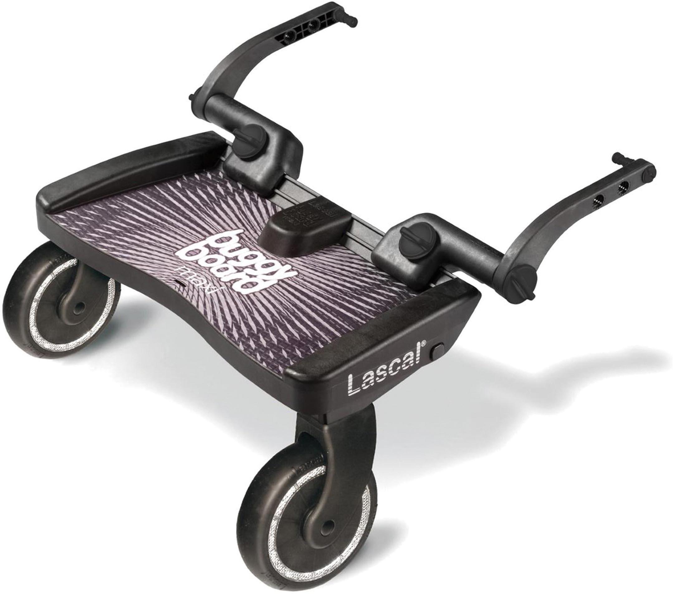 Black Lascal BuggyBoard Maxi with two wheels, adjustable arms, and textured platform featuring white logo.