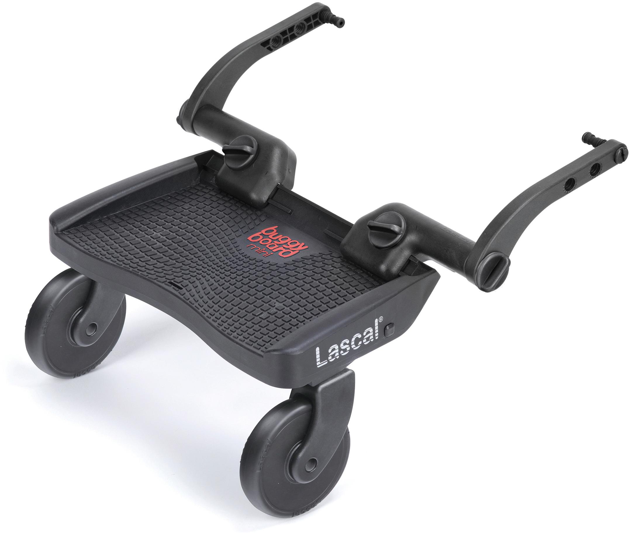 Red Lascal BuggyBoard® Mini with black textured platform, adjustable arms, and two black wheels.