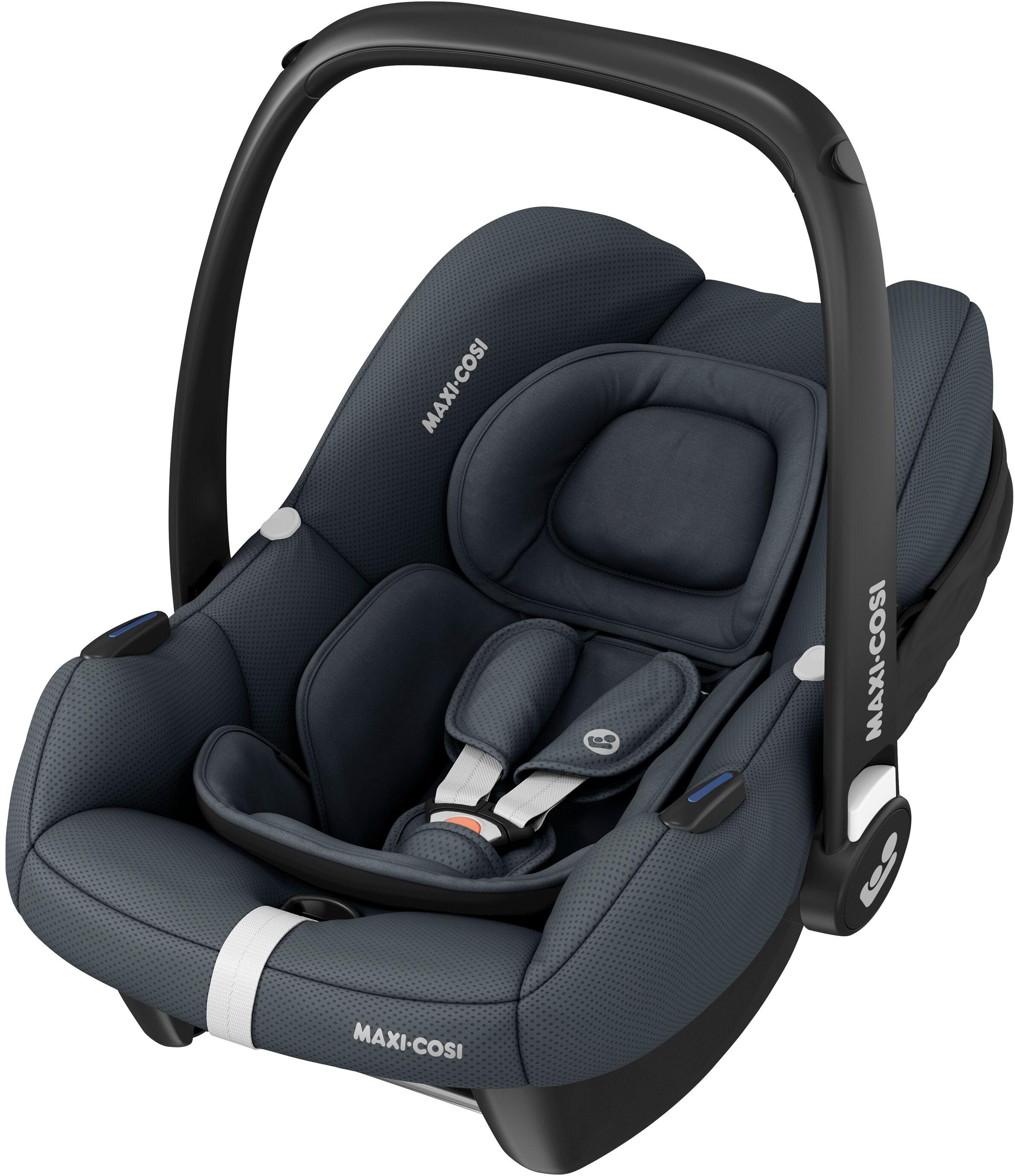 Maxi-Cosi Cabriofix i-Size car seat in dark graphite with padded interior, adjustable headrest, and carrying handle.