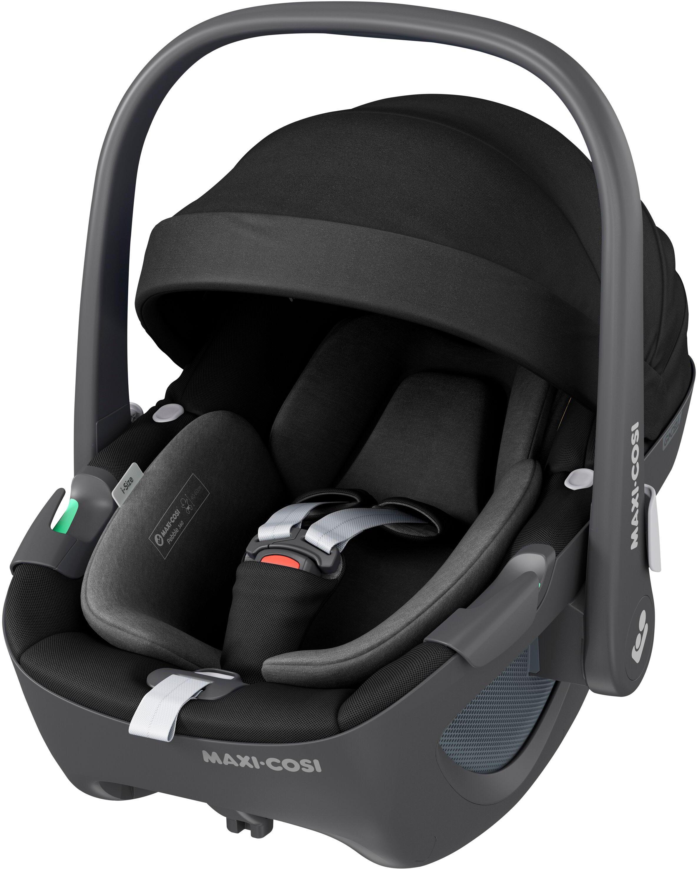 Black Maxi-Cosi Pebble 360 i-Size car seat with ergonomic design, padded interior, and adjustable canopy.