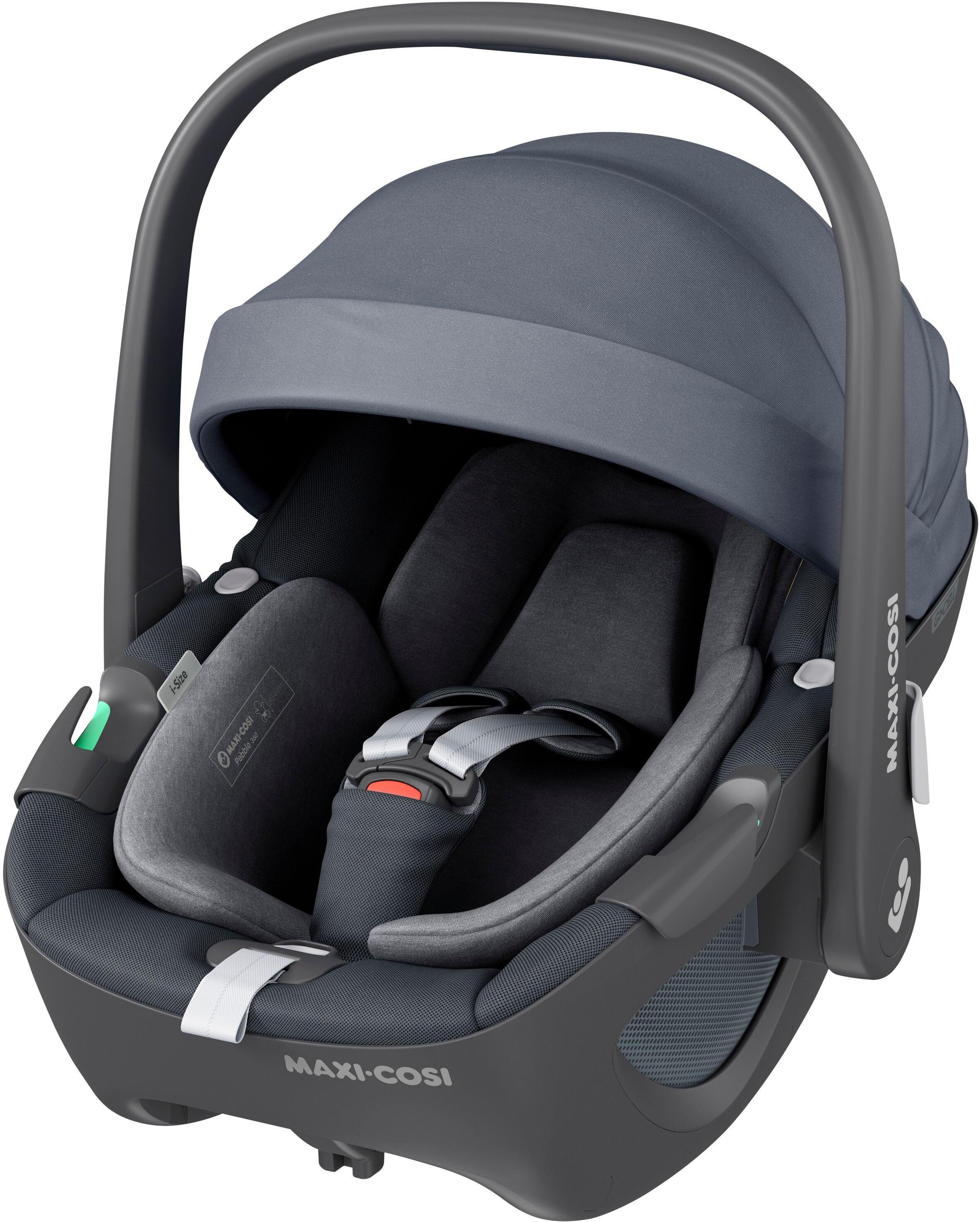 Graphite Maxi-Cosi Pebble 360 i-Size car seat with padded interior, adjustable canopy, and ergonomic handle.