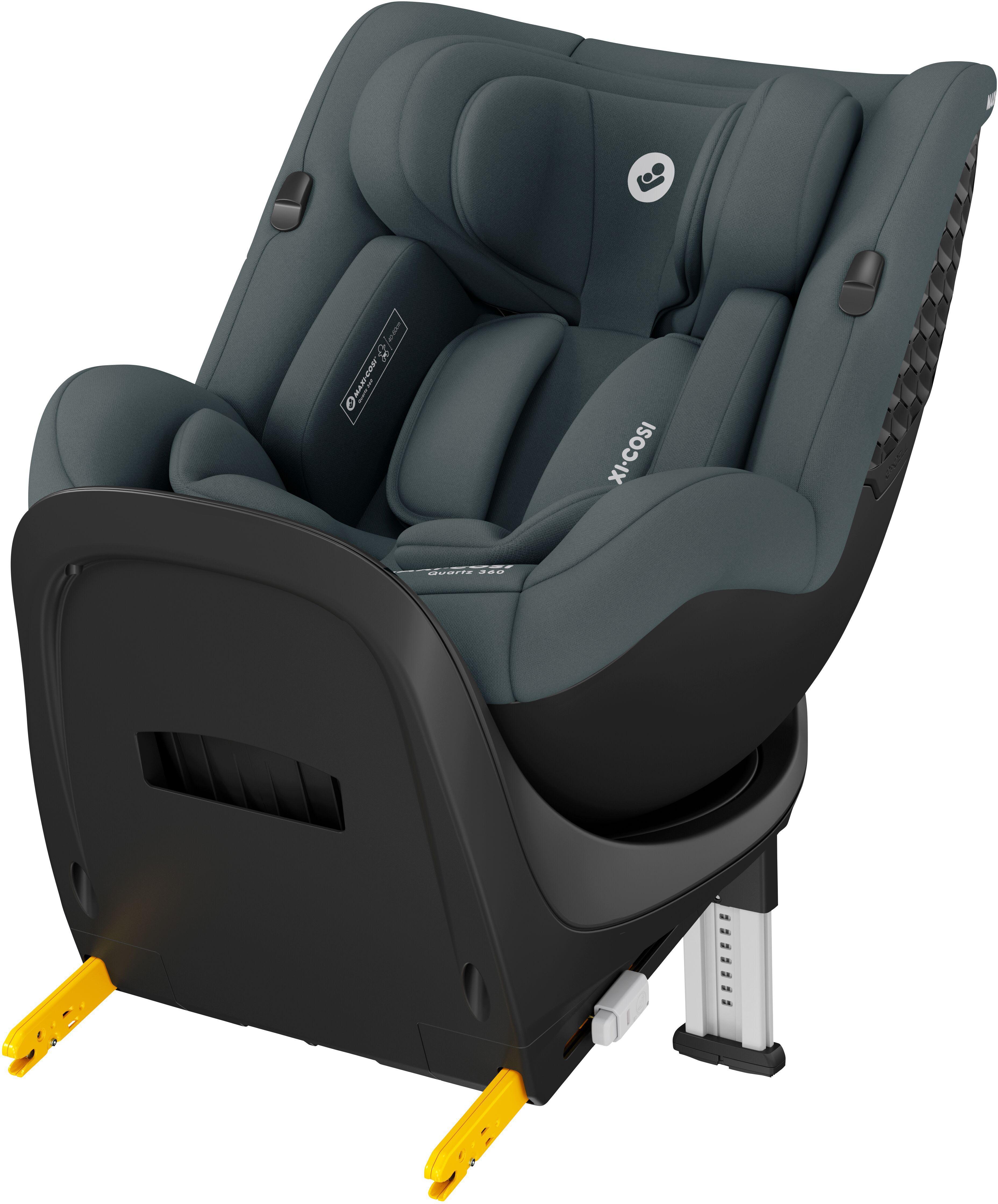 Graphite Maxi-Cosi Quartz 360 i-Size car seat with padded cushions, adjustable headrest, and yellow ISOFIX connectors.