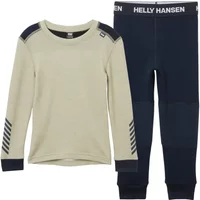 Cream and navy Merino wool baby underwear set with Helly Hansen logo on waistband and shoulder accents.