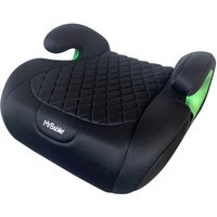 Black quilted My Babiie iSize Isofix booster car seat with green accents and ergonomic armrests.