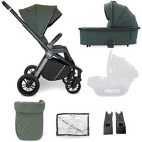 Forest green My Babiie MB450 pushchair with carrycot, black frame, large wheels, and quilted footmuff.